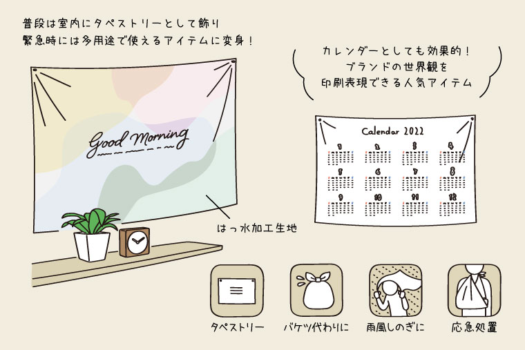 タペストリー　×　バケツ、雨具、応急処置　防災グッズアイデア